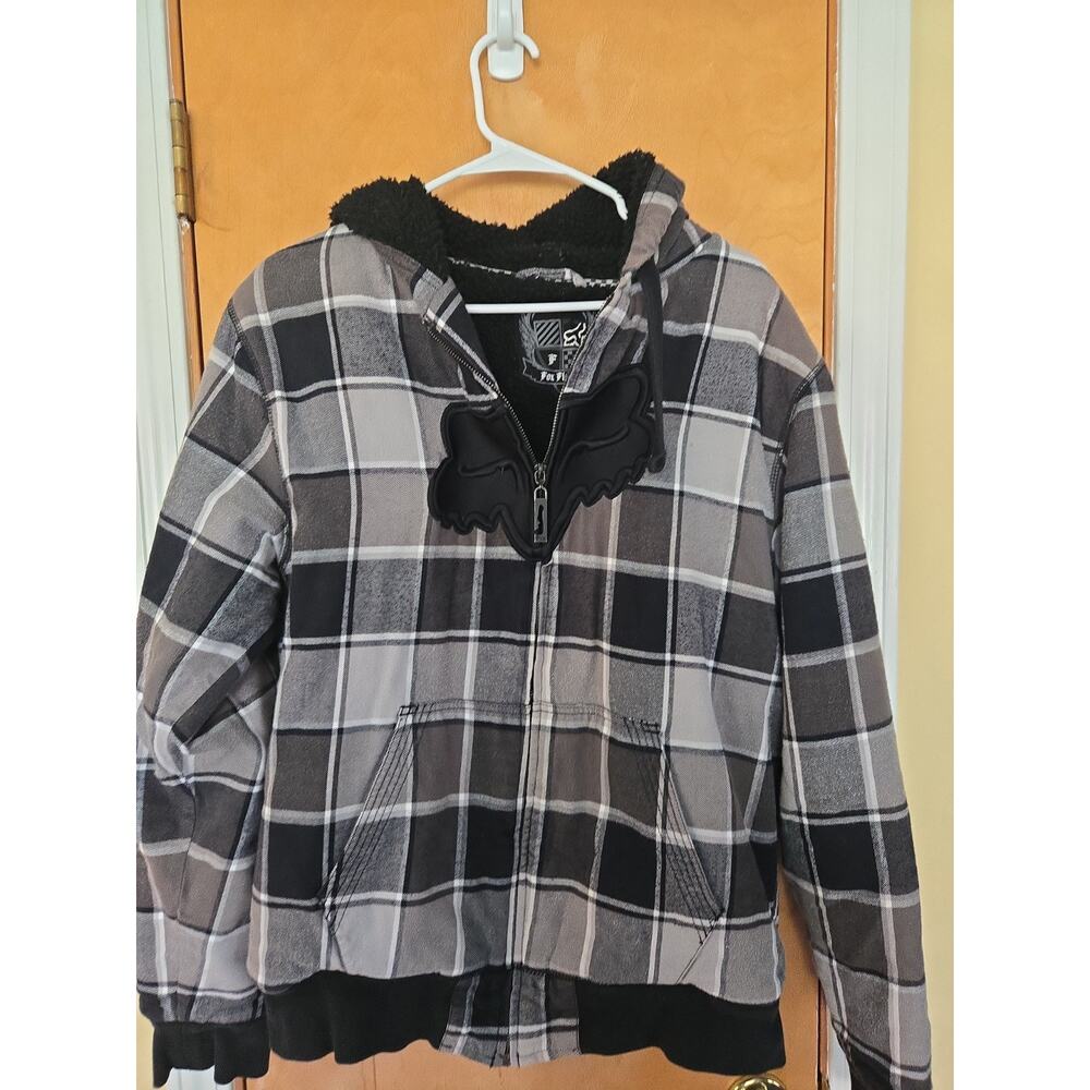 VINTAGE Y2K Fox Racing Sherpa Lined Plaid Zip Up Jacket Hoodie Brown Mens L